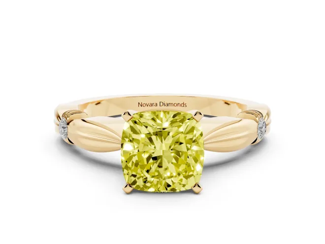 Fancy Yellow Cushion Cut Diamond Solitaire Twisted Band Ring Set in Yellow gold with Accent Stones and Prong Setting