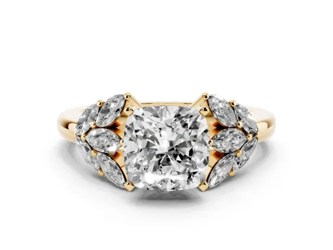 Cushion Cut Leaf Cluster Engagement Ring Setting | Yellow Gold