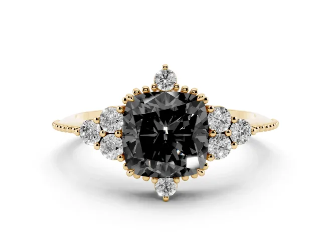 Fancy Black Cushion Cut Diamond Cluster Ring Set in Yellow gold with Beaded Band
