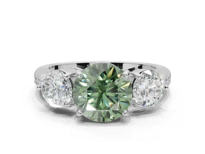 Round Three Stone Engagement Ring Setting for a Fancy Green Lab-Grown Diamond | Tapered Pave Band | Sterling Silver