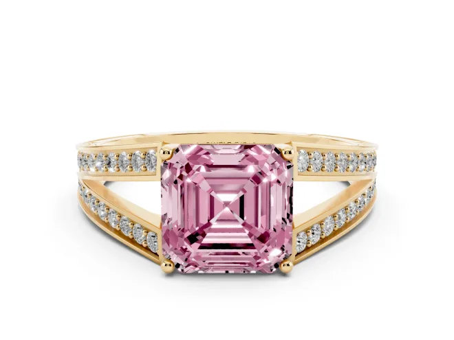 Asscher Cut Split Shank Pavé Engagement Ring Setting for a Fancy Pink Lab-Grown Diamond | Yellow Gold