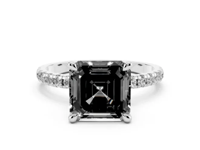 Fancy Black Asscher Cut Diamond Brilliant Solitaire Ring Set in Platinum with Pavé Band and Prong Setting