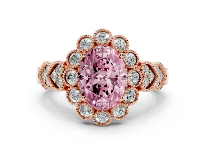 Fancy Pink Oval Cut Diamond Solitaire Ring Set in Rose gold with Milgrain Pavé Heart Band