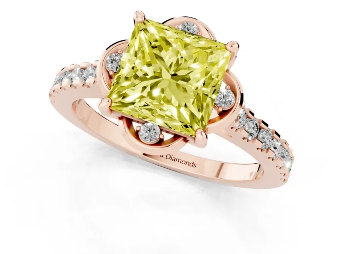 Fancy Yellow Princess Cut Diamond Solitaire Ring Set in Rose gold with Pavé Band and Floral Prong Setting – second view