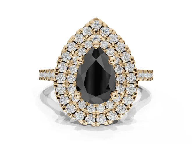 Pear-Shaped Double Halo Engagement Ring Setting for a Black Center | Pavé Shoulders | Yellow Gold