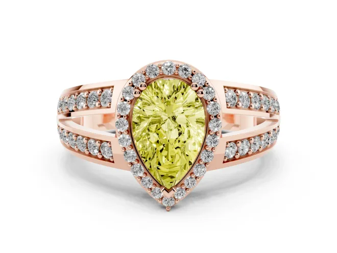 Fancy Yellow Pear Cut Diamond Halo Ring Set in Rose gold with Double Pavé Split Shank