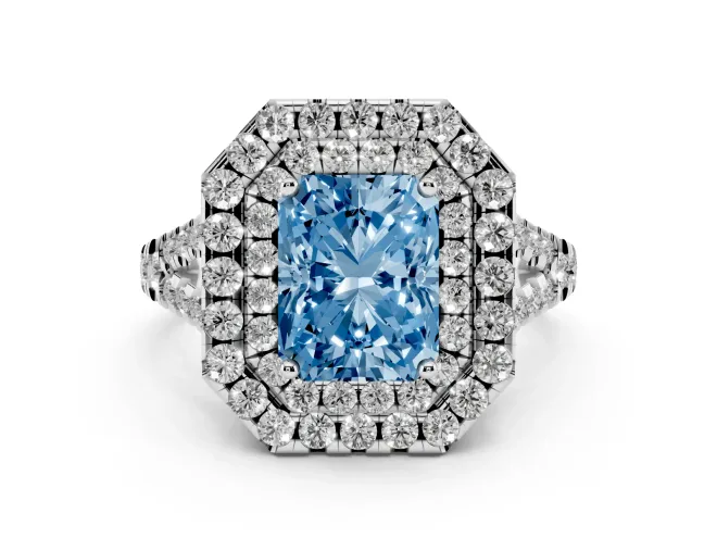 Fancy Blue Radiant Cut Diamond Double Halo Ring Set in White gold with Pavé Split Shank and Prong Setting