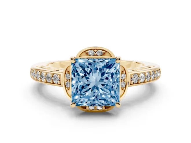Princess Cut Floral Pavé Engagement Ring Setting for a Fancy Blue Lab-Grown Diamond | Yellow Gold