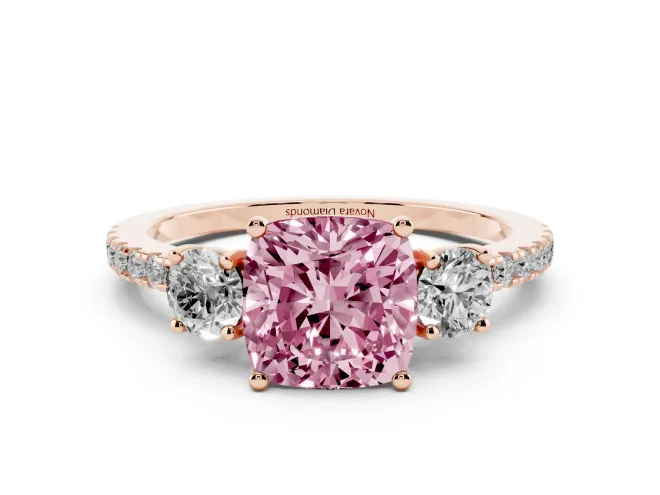 Cushion Cut Three Stone Engagement Ring Setting for a Fancy Pink Lab-Grown Diamond | Pavé Shoulders | Rose Gold