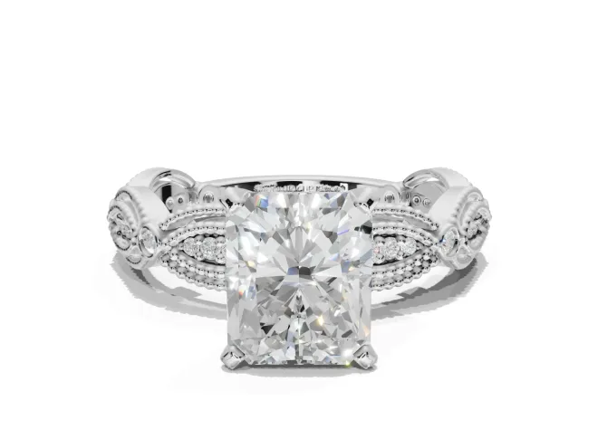Radiant Cut Vintage Milgrain Engagement Ring Setting | Graduated Stations | White Gold