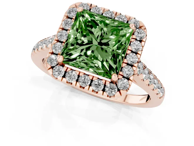 Fancy Green Princess Cut Diamond Halo Pavé Engagement Ring Set in Rose gold with Prong Setting – second view