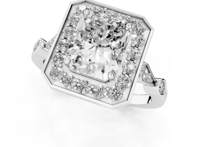 Radiant Cut Diamond Halo Engagement Ring Set in White gold with Twisted Band and Prong Setting – second view