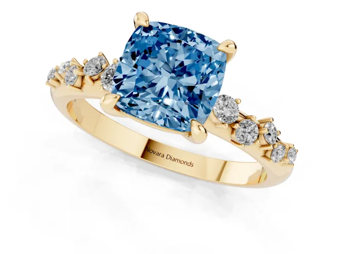 Fancy Blue Cushion Cut Diamond Solitaire Vine Band Ring Set in Yellow gold with Round Accents and Prong Setting – second view