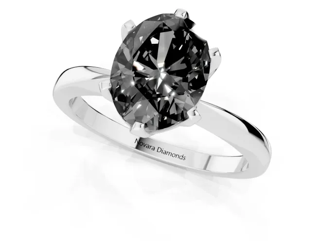 Fancy Black Oval Cut Diamond Solitaire Engagement Ring Set in Silver with Slim Tapered Solitaire Band – second view