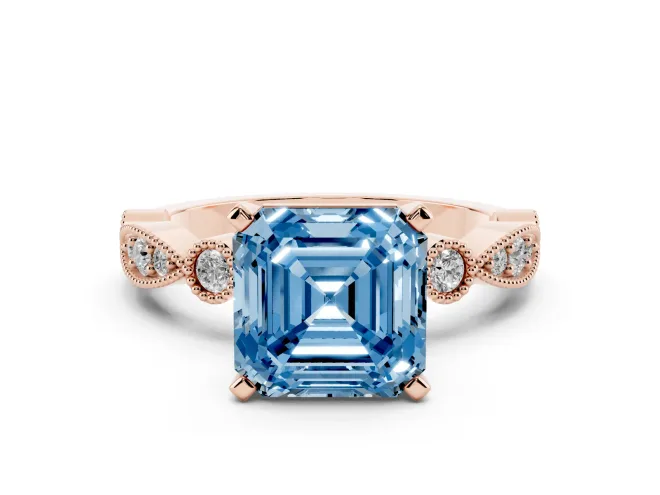 Fancy Blue Asscher Cut Diamond Solitaire Engagement Ring Set in Rose gold with Milgrain Bezel Accent Band