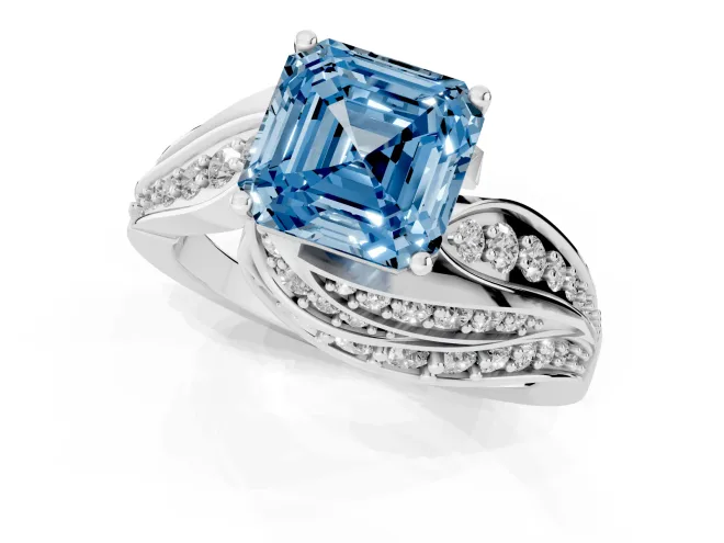 Fancy Blue Asscher Cut Diamond Solitaire Ring Set in Silver with Layered Twist Pavé Band – second view