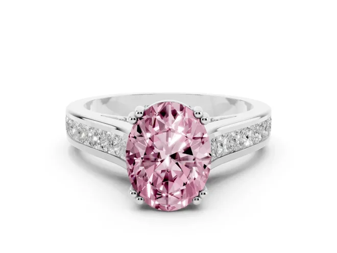 Fancy Pink Oval Cut Diamond Channel Set Solitaire Engagement Ring Set in Silver with Prong Setting