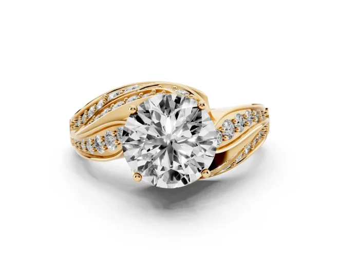 Round Cut Diamond Solitaire Ring Set in Yellow gold with Layered Twist Pavé Band