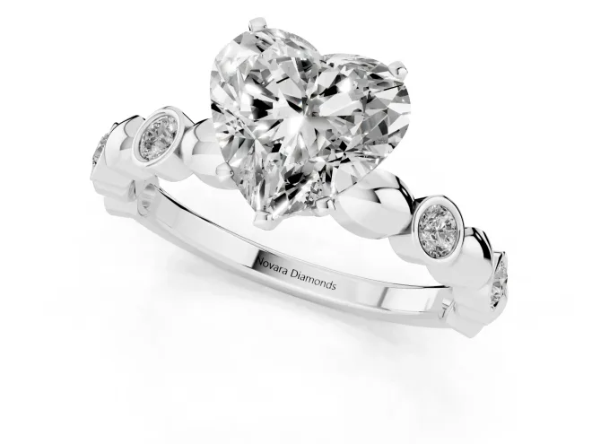 Heart Cut Diamond Solitaire Ring Set in White gold with Bezel-Set Accents on Beaded Band and Prong Setting – second view