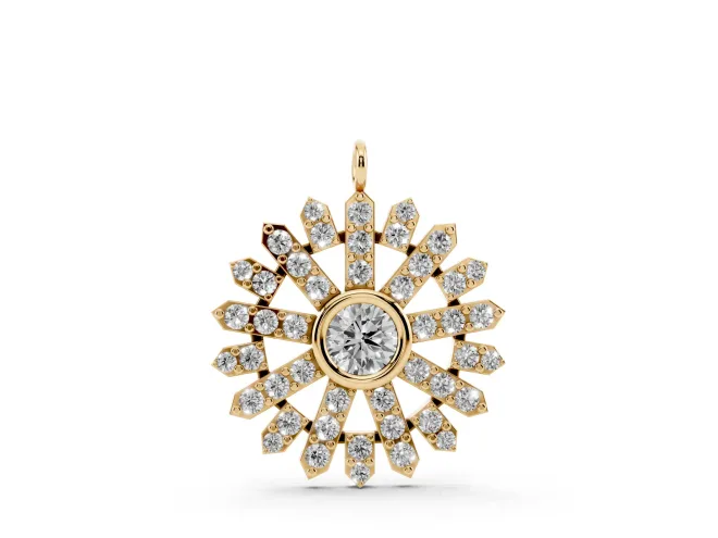 Round Lab-Grown Diamond Bezel Snowflake Pendant Necklace | Pavé Arms | Yellow Gold
