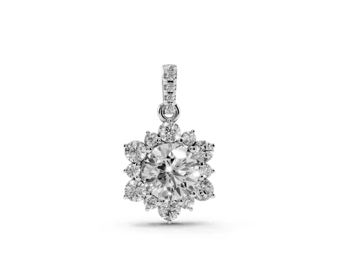 Round Lab-Grown Diamond Floral Cluster Pendant Necklace | Pavé Bail | White Gold