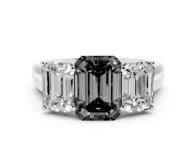 Fancy Black Emerald Cut Diamond Three-Stone Ring Set in White gold with Plain Polished Band