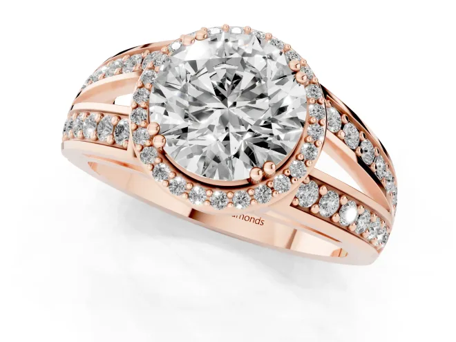Round Cut Diamond Halo Ring Set in Rose gold with Double Pavé Split Shank – second view