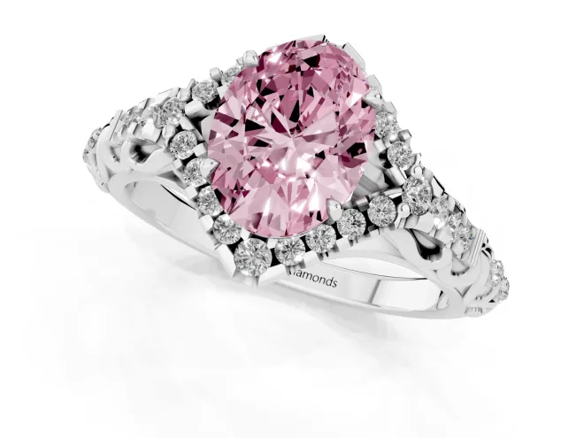 Fancy Pink Oval Cut Diamond Solitaire Ring Set in White gold with Hidden Halo and Pavé Band – second view