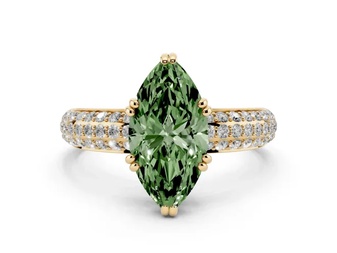 Fancy Green Marquise Cut Diamond Solitaire Ring Set in Yellow gold with Multi-Row Round Pavé Band and Prong Setting
