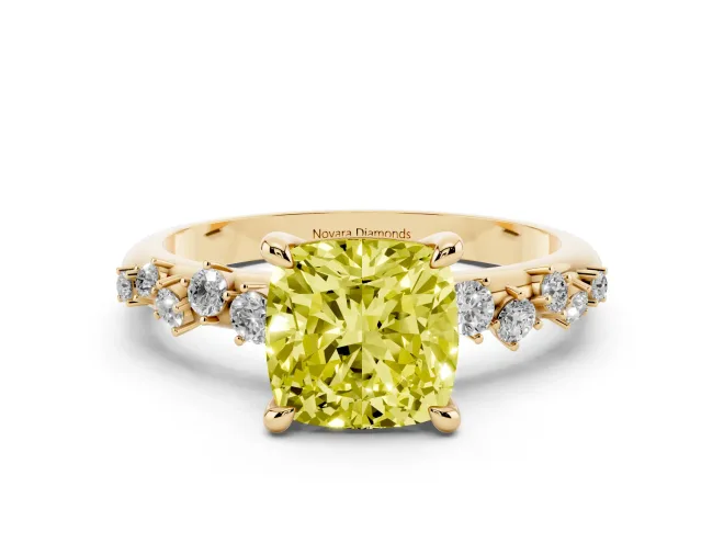Fancy Yellow Cushion Cut Diamond Solitaire Vine Band Ring Set in Yellow gold with Round Accents and Prong Setting