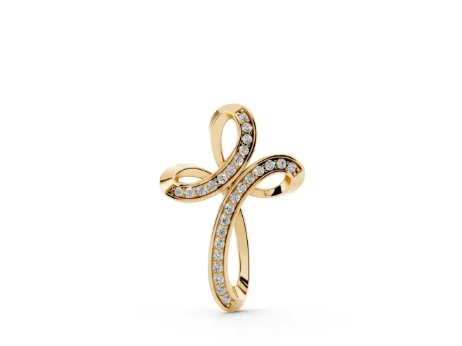 Round Lab-Grown Diamond Pavé Looped Cross Pendant Necklace | Ribbon Loops | Yellow Gold