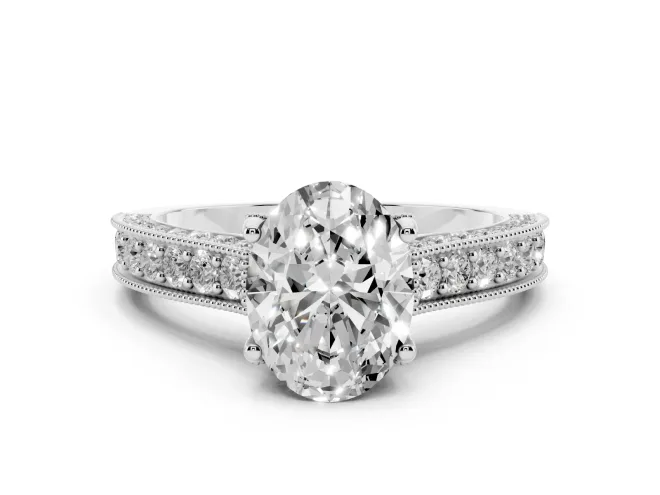 Oval Cut Diamond Solitaire Ring Set in Silver with Milgrain-Edged Pavé Band and Prong Setting