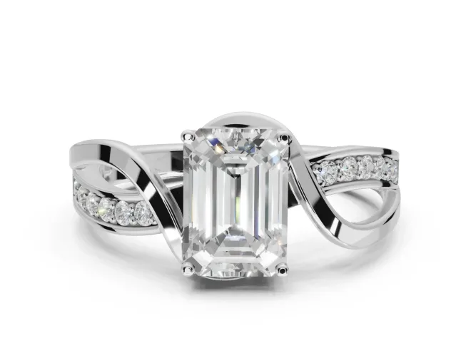 Emerald Cut Bypass Solitaire Engagement Ring Setting | Pavé and Plain Strands | White Gold
