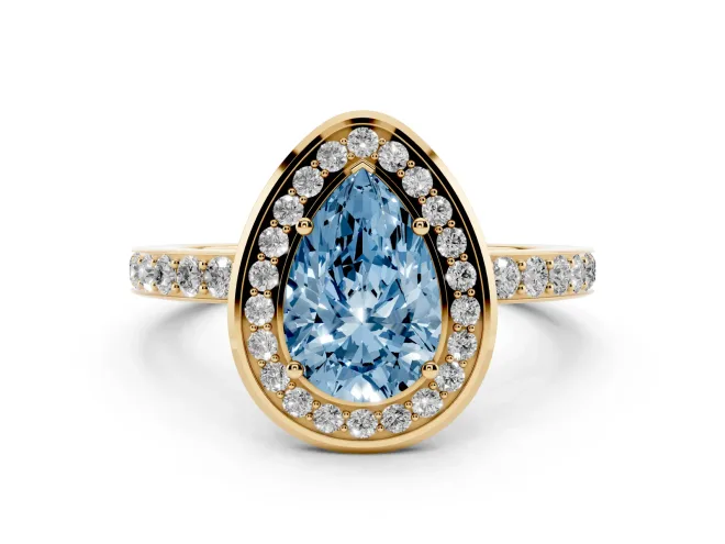 Fancy Blue Pear Cut Diamond Halo Ring Set in Yellow gold with Bezel Frame and Pavé Band
