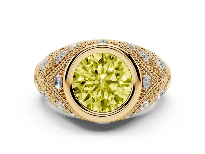Fancy Yellow Round Cut Diamond Bezel Ring Set in Yellow gold with Milgrain Accent Band