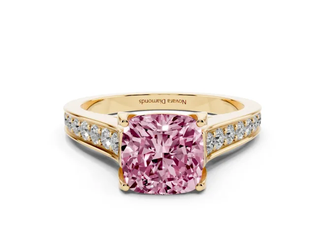 Cushion Cut Graduated Pavé Engagement Ring Setting for a Fancy Pink Lab-Grown Diamond | Yellow Gold