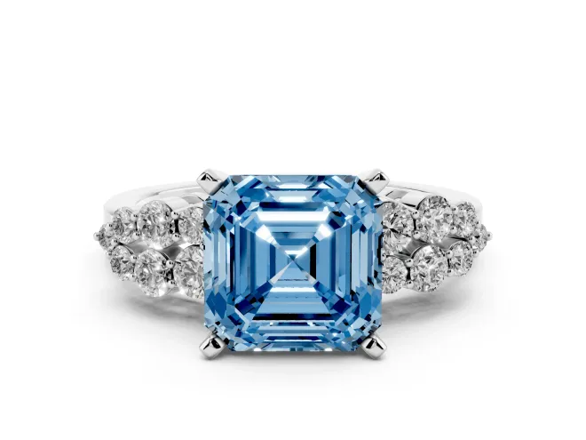 Asscher Cut Side Stone Engagement Ring Setting for a Fancy Blue Lab-Grown Diamond | Shoulder Clusters | White Gold