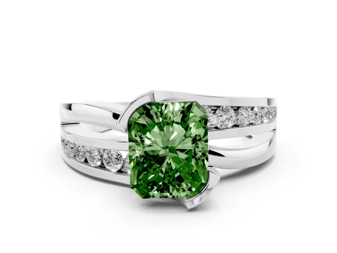 Fancy Green Radiant Cut Diamond Solitaire Ring Set in Silver with Channel Set Split Shank and Tension Prongs
