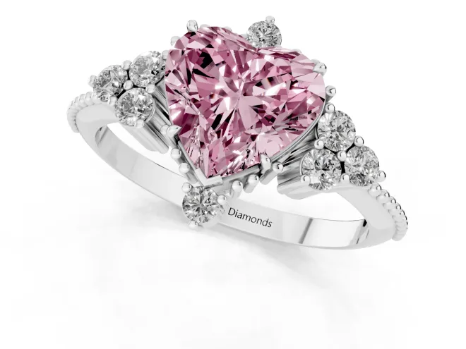 Fancy Pink Heart Cut Diamond Cluster Ring Set in White gold with Beaded Band – second view