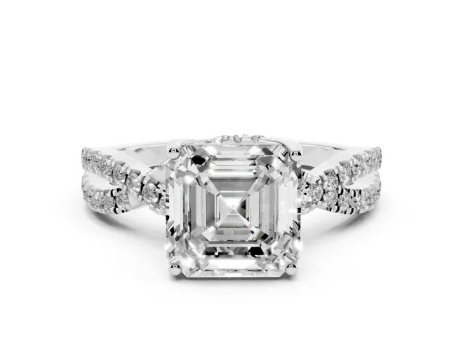 Asscher Cut Diamond Twist Pavé Solitaire Engagement Ring Set in Silver with Prong Setting
