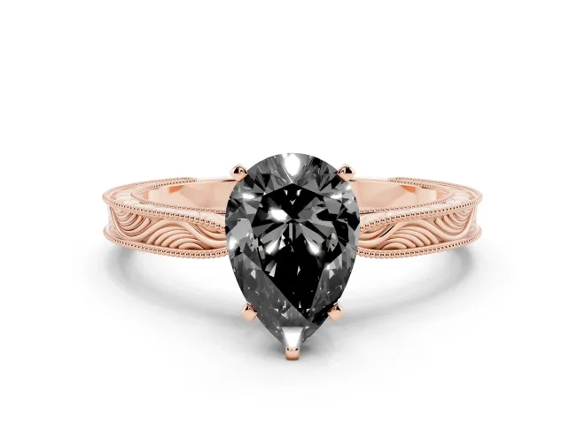 Pear-Shaped Engraved Solitaire Engagement Ring Setting for a Black Center | Rose Gold