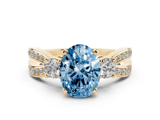 Oval Three-Stone Twist Engagement Ring Setting for a Fancy Blue Lab-Grown Diamond | Yellow Gold