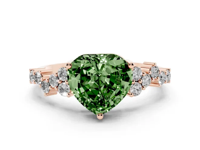 Fancy Green Heart Cut Diamond Ring Set in Rose gold with Scattered Round Accents