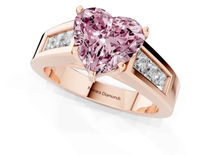 Fancy Pink Heart Cut Diamond Solitaire Ring Set in Rose gold with Channel-Set Accent Stones and Prong Setting – second view