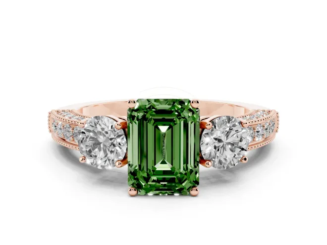 Fancy Green Emerald Cut Diamond Three-Stone Ring Set in Rose gold with Round Side Stones and Pavé Band