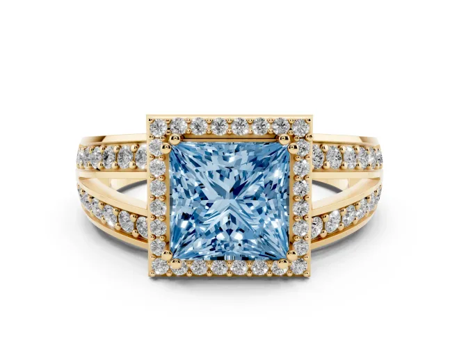 Fancy Blue Princess Cut Diamond Halo Ring Set in Yellow gold with Double Pavé Split Shank