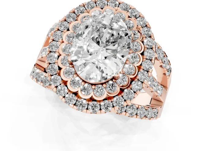 Oval Cut Diamond Double Halo Ring Set in Rose gold with Round Pavé Split Shank – second view