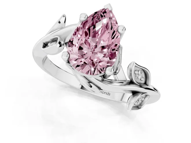 Fancy Pink Pear Cut Diamond Solitaire Twist Engagement Ring Set in Silver with Pavé Leaf Accents – second view