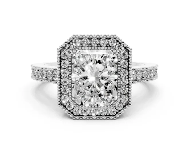 Radiant Cut Milgrain Halo Engagement Ring Setting | Pave Band | Sterling Silver