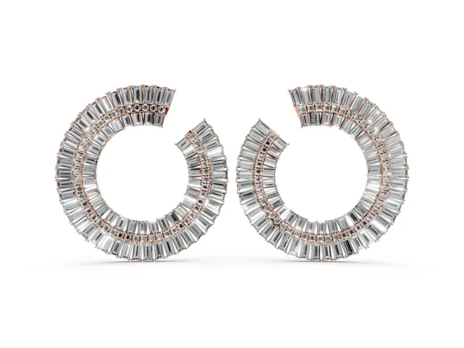 Baguette and Round Lab-Grown Diamond Fanned Open Hoop Earrings | Sunburst Rows | Rose Gold